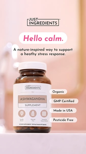 A minimalist, benefit-driven product shot of an Ashwagandha supplement bottle set against a soft peach background.